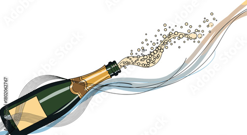 Champagne bottle uncorked, spilling bubbles and festive streamers with elegant waves.
