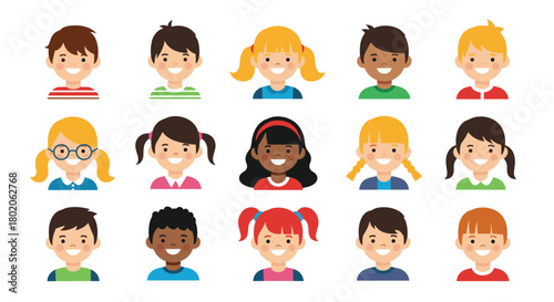 Group of diverse cartoon children's faces, featuring boys and girls with different hairstyles and skin tones.