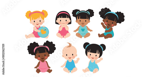 A collection of cute cartoon babies with different hair colors and skin tones sitting and playing.
