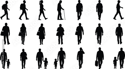 Group of walking people silhouettes, diverse men women and children, urban pedestrian crowd illustration, isolated human figures, city lifestyle concept