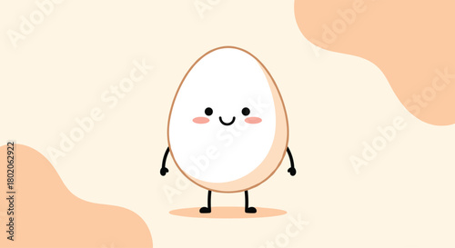 Cute cartoon egg with a happy face and arms and legs, standing in front of a soft peach background.