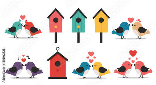 Cute cartoon birds and birdhouses representing love and romance for Valentine's Day themes.