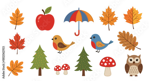 A whimsical collection of autumn-themed illustrations featuring leaves, birds, trees, and more.