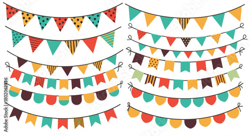 Collection of colorful festive bunting flags with various patterns and shapes for celebrations.