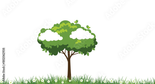 A vibrant green tree with white clouds nestled in its leaves and two birds perched on top, set against a white background with a field of green grass and small white flowers at its base.