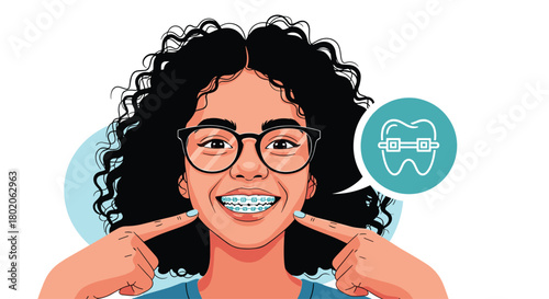 Young woman with curly hair and glasses smiles proudly showing off her blue braces.