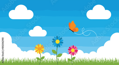 A colorful cartoon scene of a butterfly flying over flowers and clouds on a bright day.