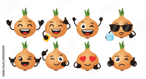 Eight cute cartoon onions with different facial expressions and gestures, isolated on white.
