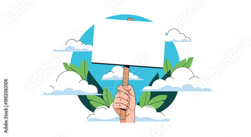 A hand holds a blank protest sign against a backdrop of leaves and clouds.