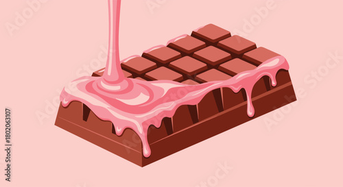 A chocolate bar being covered with pink strawberry sauce, studio shot against a pink background.