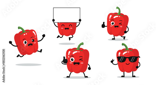 Collection of five cute cartoon red bell peppers with different expressions and poses.