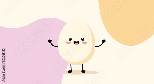 Cute cartoon egg character with rosy cheeks, raised arms, and legs standing on a pastel background.