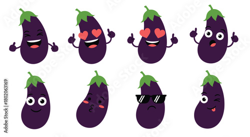 Collection of eight cartoon eggplant characters with different facial expressions and gestures.