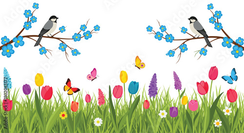 Spring scene with birds on branches and colorful flowers and butterflies in the grass.