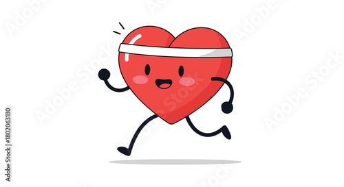 Cute cartoon heart character running with a headband and smiling happily; a symbol of fitness and health.