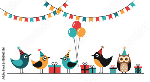 Cartoon birds and owl in party hats with balloons and gifts celebrate.