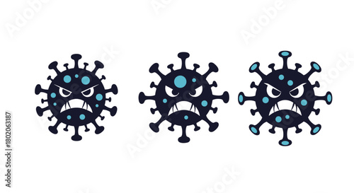 Three menacing cartoon virus icons with angry faces and sharp teeth on a white background.