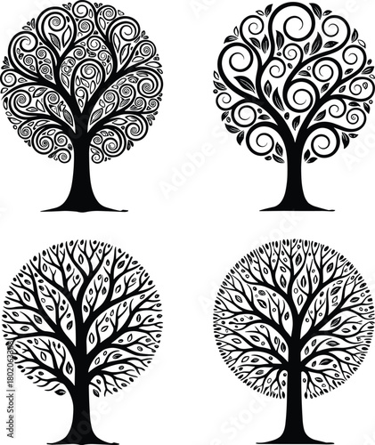 Set of four ornamental circular tree of life silhouettes with swirls and leaves, cad drawing flat vector illustration.