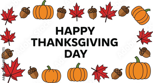 Happy Thanksgiving Day Border with Pumpkins, Maple Leaves & Acorns – Simple Fall Clipart for Cards, Printables & Social Media