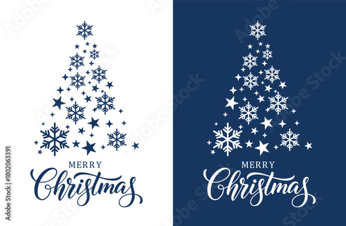 A mirrored Christmas design split between white and deep blue backgrounds. Both sides feature "MERRY Christmas" in elegant script below a stylized Christmas tree shape composed of white snowflakes and
