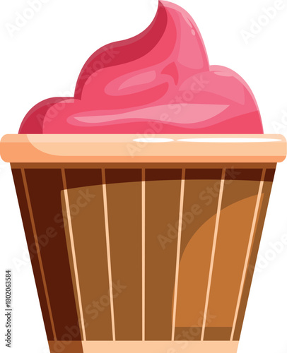 Cupcake wrapper made of wood, containing pink cream, isolated on white background