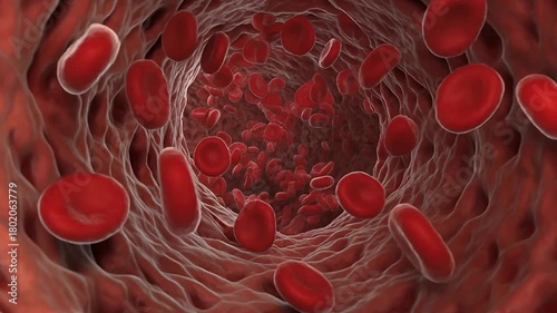 Microscopic animation of red blood cells moving through a human artery, showing smooth flow and detailed vascular structure.