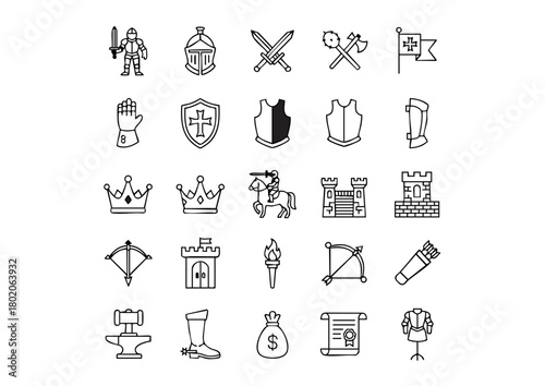 Chivalry and Combat: 25 Black and White Knight Vector Icons, Medieval Warfare and Heraldry Outline Icon Collection, The Code of the Knight: Essential Armor and Weapon Icons