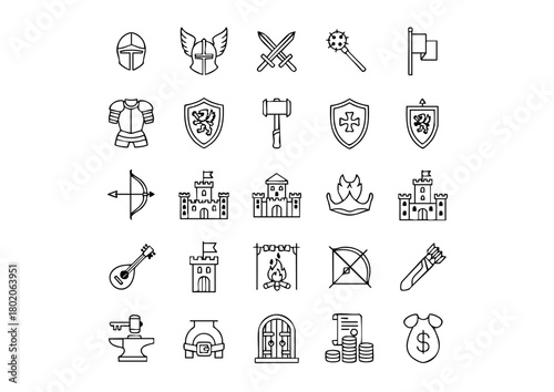 Papier peint Chivalry and Combat: 25 Black and White Knight Vector Icons, Medieval Warfare an