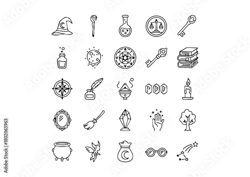 Magical Iconography: 25 Black and White Wizard Vector Symbols, Fantasy Spells and Sorcery: Outline Icons Collection, The Wizard's Toolkit: Essential Magic and Mystical Icons