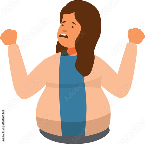 Overweight businesswoman feeling astonished and amazed, raising hands in reaction to shocking and surprising news