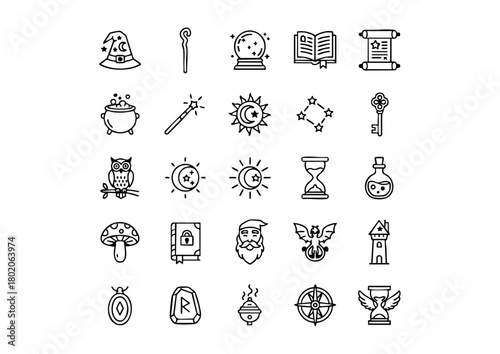 Magical Iconography: 25 Black and White Wizard Vector Symbols, Fantasy Spells and Sorcery: Outline Icons Collection, The Wizard's Toolkit: Essential Magic and Mystical Icons