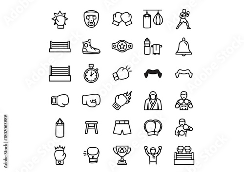 Boxing Icon Set: 25 Black and White Vector Symbols, Collection of Boxing and Combat Sport Outline Icons, The Ring: Essential Vector Icons for Boxing