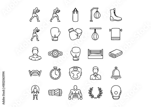 Boxing Icon Set: 25 Black and White Vector Symbols, Collection of Boxing and Combat Sport Outline Icons, The Ring: Essential Vector Icons for Boxing
