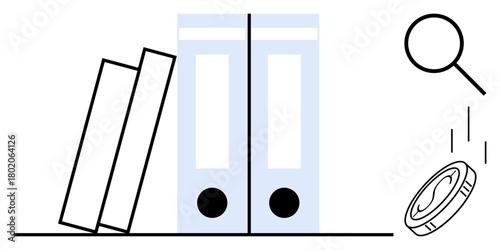 Stacked books, file folders, magnifying glass, and coin represent organization, research, finance, and knowledge. Ideal for education, business analysis budgeting auditing economics simple flat