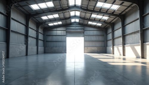Wallpaper Mural Empty industrial warehouse interior perspective with concrete floor. Large open shutter door reveals bright white light and skylights illuminate metal structure. Wide open space with shadows. Torontodigital.ca