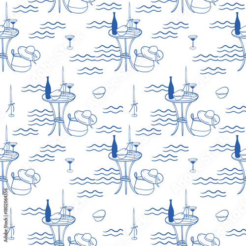 Hand drawn seamless pattern about summer seaside picnic with candle, bow, waves, cocktail in blue line art Mediterranean style