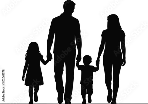 Happy family walking together silhouette, parents with children holding hands, unity, love, parenting concept, isolated illustration design