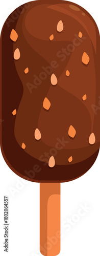 Delicious chocolate covered ice cream bar on wooden stick, topped with crunchy nut sprinkles, perfect for a refreshing summer treat