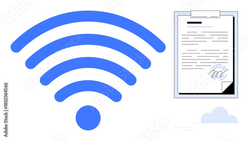 Blue wireless signal next to signed document on clipboard, showcasing remote work, digital workflow, online communication, and connectivity. Ideal for business, technology, contracts, IoT