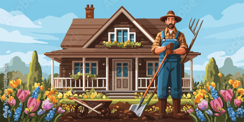 田舎の家で庭いじりをする農夫、カラフルな花々が咲き誇る美しい庭園の風景