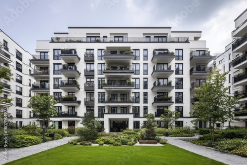 Wallpaper Mural Modern apartment building with green landscaping and balconies in a residential area, showcasing contemporary architecture in a city setting Torontodigital.ca