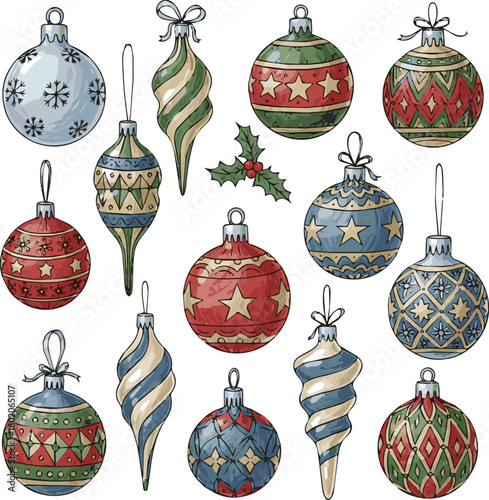  create a different kinds of Christmas decoration, christmas baubles vector art with white background.