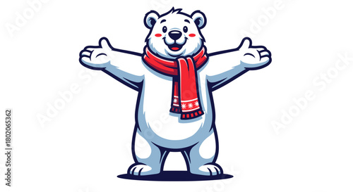 Cartoon Polar Bear with Red Scarf Welcoming with Open Arms.