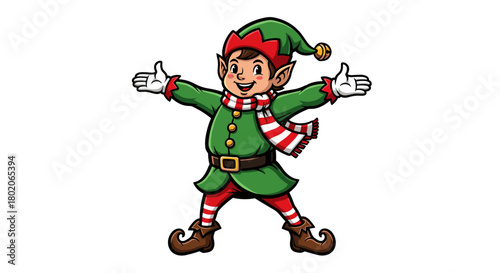 Cheerful cartoon Christmas elf character with outstretched arms.