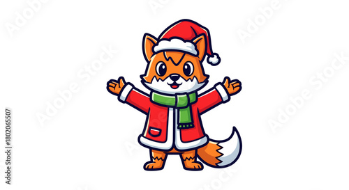 Cute cartoon fox wearing a Santa hat and red coat for Christmas.