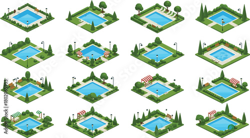 Isometric outdoor swimming pool collection with garden trees, umbrellas, lounge chairs, summer resort relaxation, recreational water park illustration set