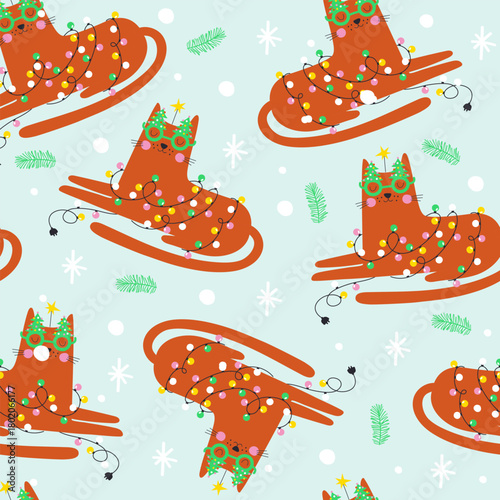 Seamless pattern with cute kitten in garland. Christmas pattern. Vector