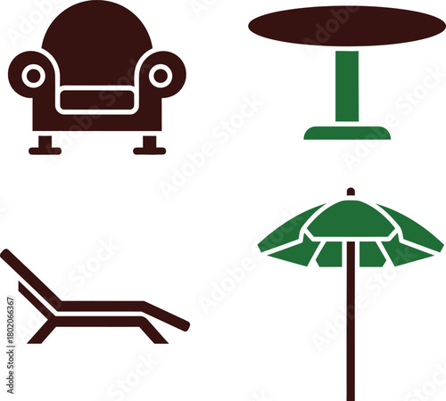 Outdoor Furniture Icons Patio Chair, Dining Table, Sun Lounger, Parasol