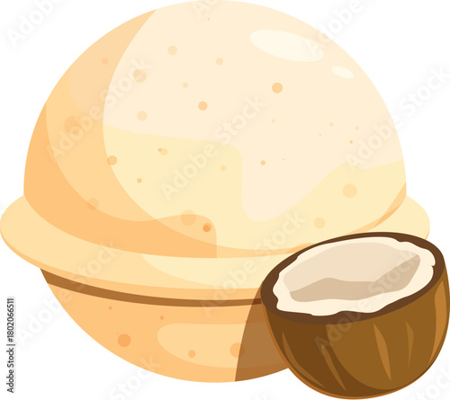 Creamy coconut ice cream scoop with a piece of fresh coconut fruit, perfect for summer desserts and snacks