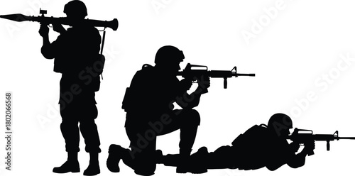 Military soldiers silhouette, tactical army team in combat positions, armed forces operation, defense and security illustration, war training concept